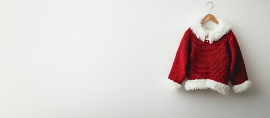 Red holiday jacket with white trim on hanger against a white background.