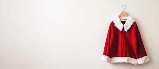 Red Christmas jacket with white fur trim hanging on a light background.