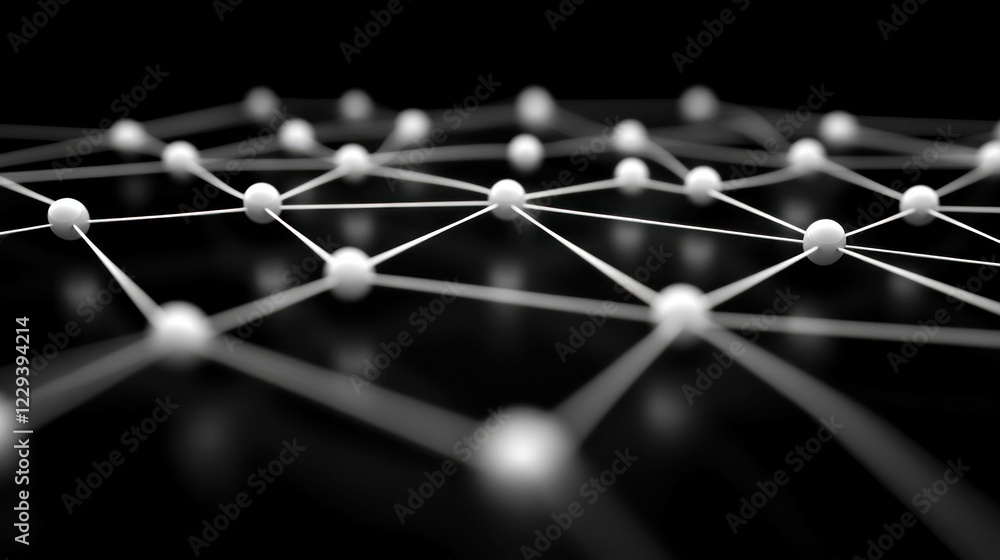 Poster abstract black and white network with nodes connected by lines, representing communication, technolo