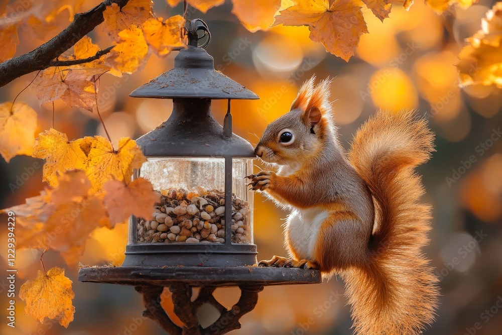 Poster squirrel enjoying nuts at a feeder surrounded by autumn leaves in a serene park atmosphere