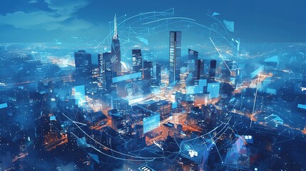 Smart city using modern technology, Abstract world smart city Digital Hologram Decentralized Finance Blockchain, currency, online, Futuristic internet transactions.Future city background,