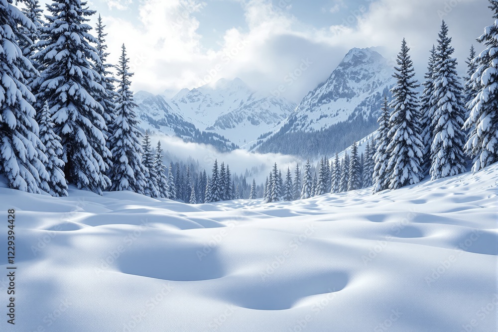 Aufkleber snow-covered forest with frosted trees and distant mountains under a cloudy sky. winter scene with s