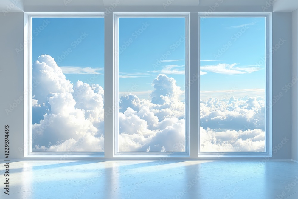 Aufkleber Stunning panoramic view of fluffy clouds through large floor-to-ceiling windows in a bright, modern room