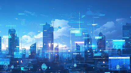 Smart city using modern technology, Abstract world smart city Digital Hologram Decentralized Finance Blockchain, currency, online, Futuristic internet transactions.Future city background,