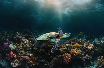 Fototapeta premium Majestic Sea Turtle Gracefully Swimming Among Vibrant Coral Reefs in Crystal Clear Ocean Water Beneath the Sunlight Filtering from Above