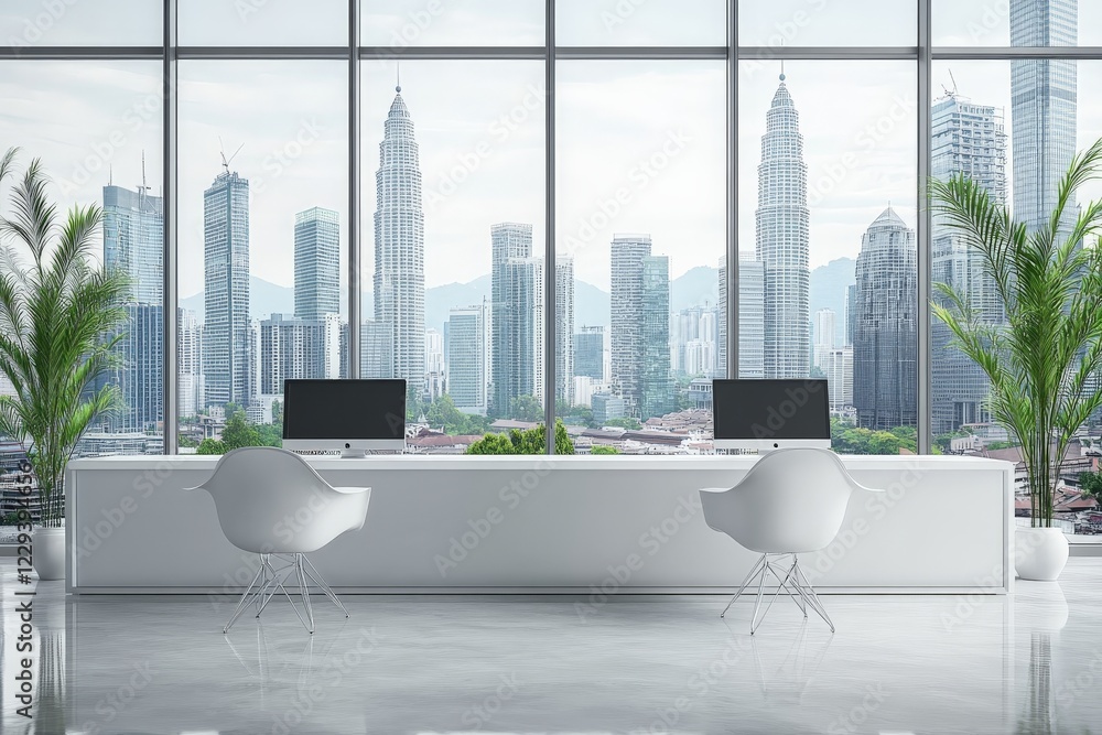 Poster modern office with city skyline view featuring computers and minimalist design in kuala lumpur