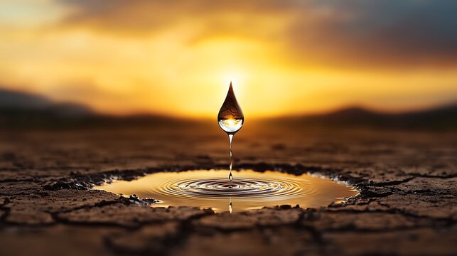 A drought-stricken cracked earth landscape with a single drop of water creating ripples in a small puddle, symbolizing water scarcity and hope, Ultra-Realistic, Photo Realistic, highly detailed, 