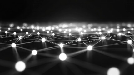 Abstract monochrome network connections, featuring bright dots and lines over a dark background, representing technology and innovation in a digital world