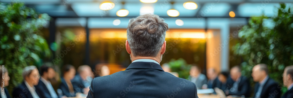 Poster a high-resolution photograph capturing a group of executives in a modern meeting room, actively enga