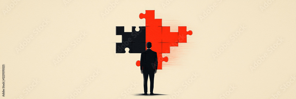 Aufkleber A minimalist illustration depicting a leader positioning puzzle pieces to form a coherent plan, representing structured problem-solving,