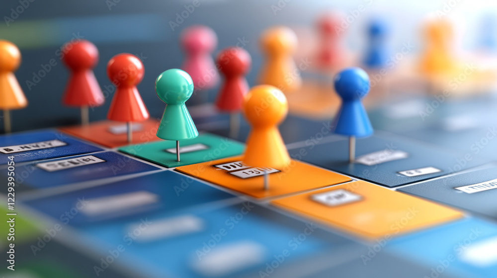 Poster An elegant macro shot of multi-colored push pins on a corkboard, each labeled with tasks and responsibilities, showcasing organized leadership and planning,
