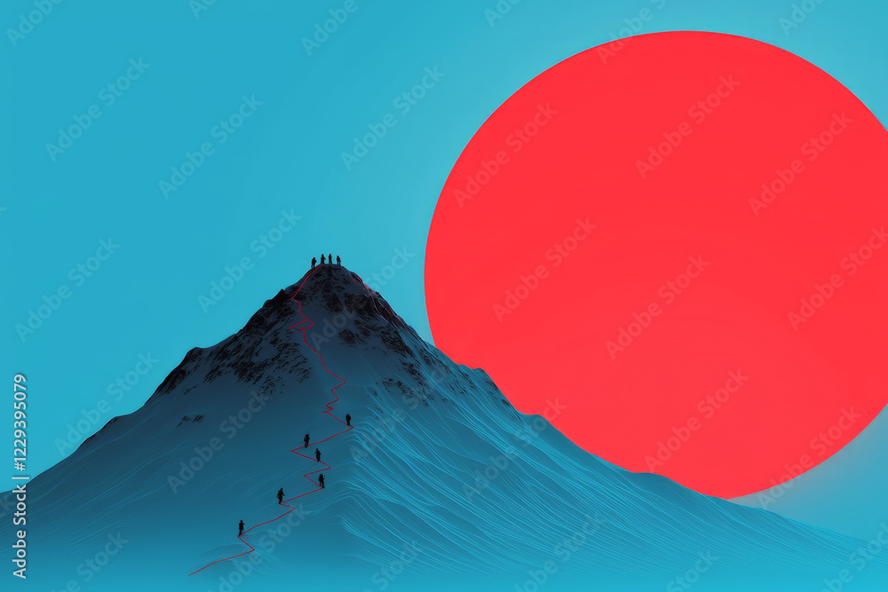 Poster an artistic portrayal of a mountain peak with a team of climbers, led by a guide mapping out the asc