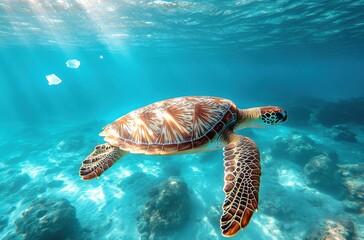 Obraz premium Majestic Sea Turtle Gracefully Swimming in Crystal Clear Ocean Water Surrounded by Sunlit Rays and Marine Life Beneath the Surface