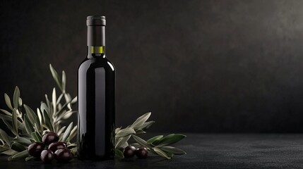 Red wine bottle with olives and olive branch on dark background.