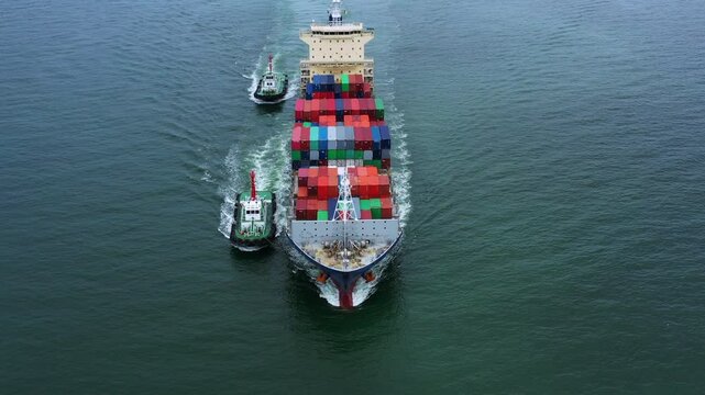 Aerial view container cargo ship freight shipping, Global business import export logistic freight shipping transportation international container cargo ship, Container cargo fright shipping logistic.