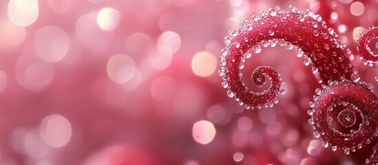 Red spiral plant with water drops on pink bokeh background.