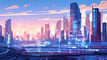 Smart Digital City Concept. Future City Urban Architecture Tall Tower Concept. Cityscape with lights and icons. Downtown city skyline with street traffic, buildings and skyscrapers. 