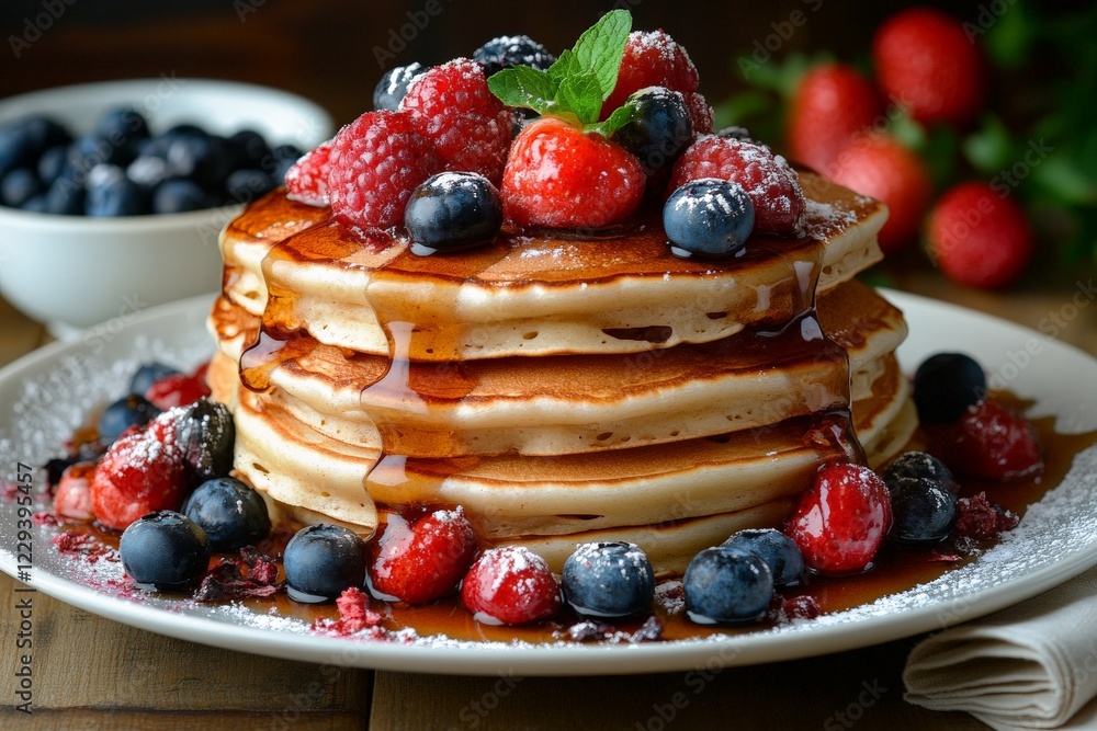 Poster Delicious stack of pancakes topped with fresh berries and syrup on a rustic wooden table in a cozy setting