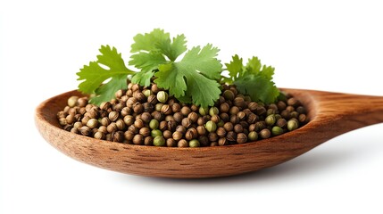 Fresh Coriander Seeds and Leaves in Wooden Spoon