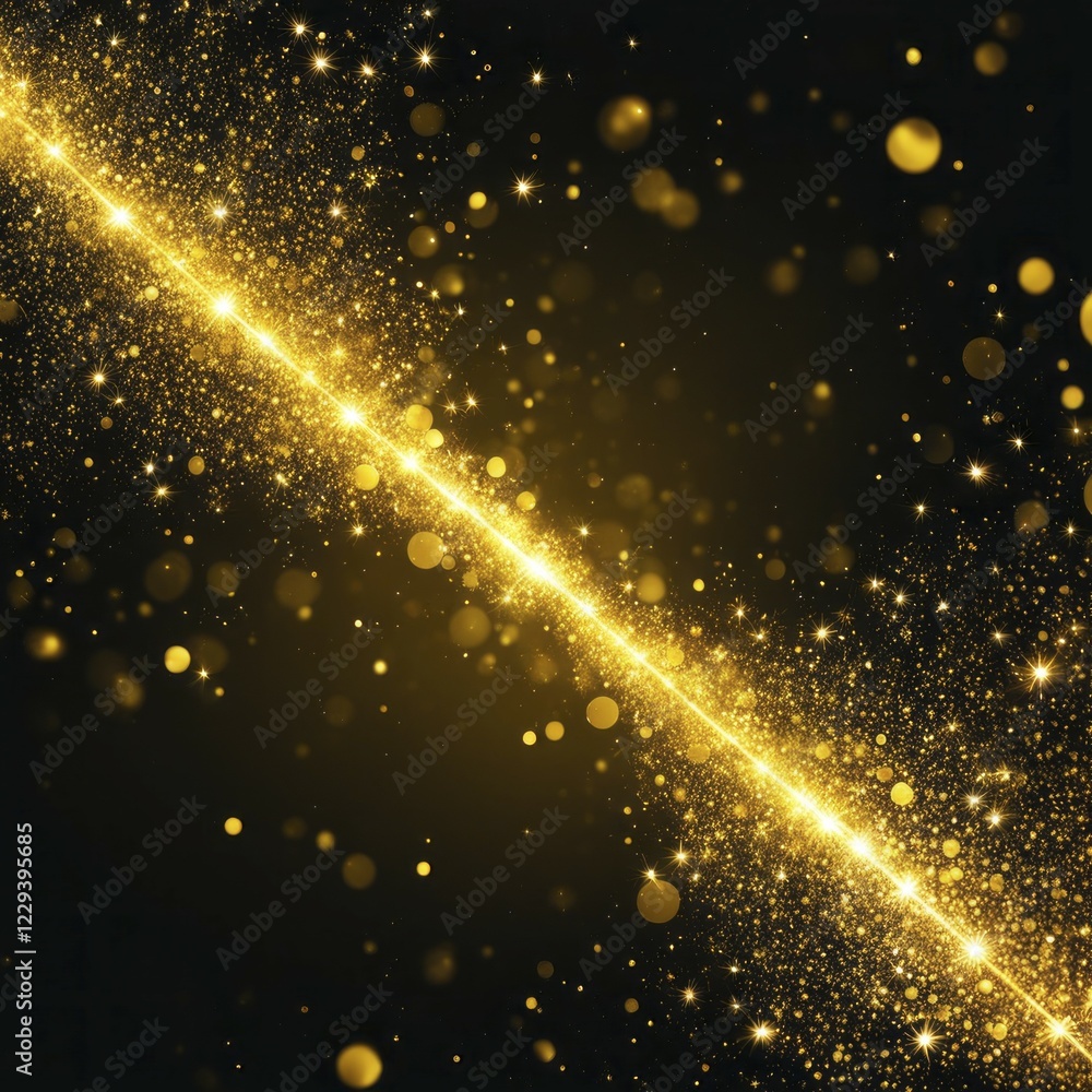 Poster a diagonal golden line of sparkles glowing against a dark background, creating a festive and shimmer