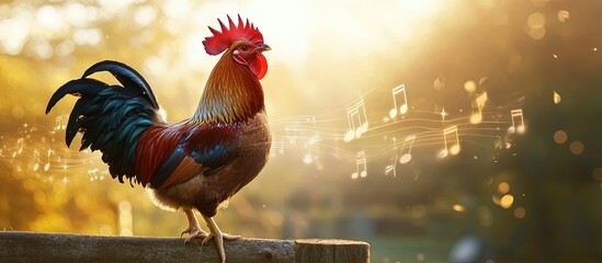 Rooster crowing at sunrise with musical notes.
