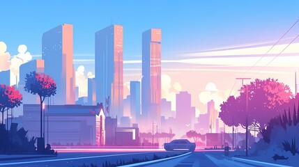 Suburban landscape with houses on street with yards and trees, driveway against silhouette of city high-rise buildings. futuristic city skyline illustration 