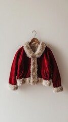 Red velvet and fur Christmas jacket on hanger.
