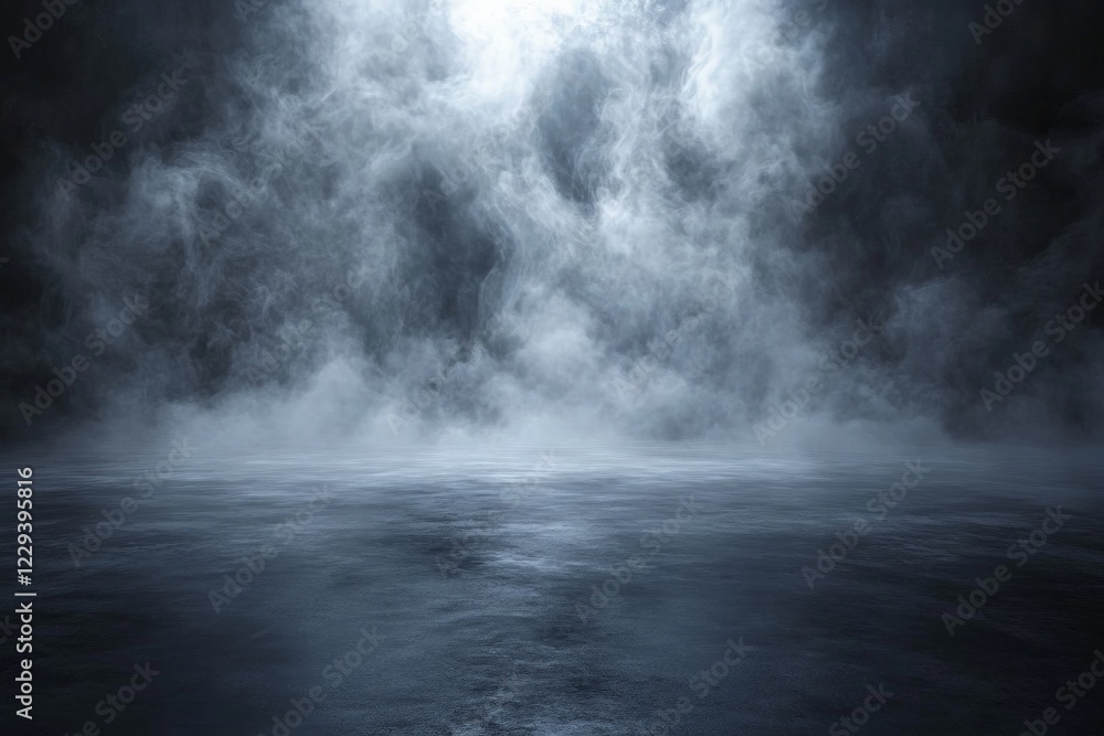 Poster dark mist envelops tranquil water surface at twilight creating a mysterious atmosphere