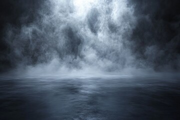 Dark mist envelops tranquil water surface at twilight creating a mysterious atmosphere