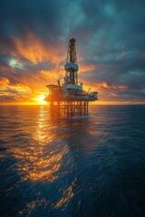 Obraz premium Offshore oil rig sunset ocean dramatic scene
