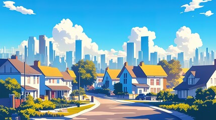 Suburban landscape with houses on street with yards and trees, driveway against silhouette of city high-rise buildings. futuristic city skyline illustration 