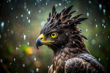 Long-Crested Eagle portrait:  macro photography reveals exquisite feather detail, glistening rain.