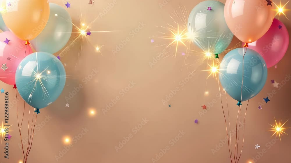 Poster balloons with stars and sparkles on a light beige background creating a whimsical and festive scene