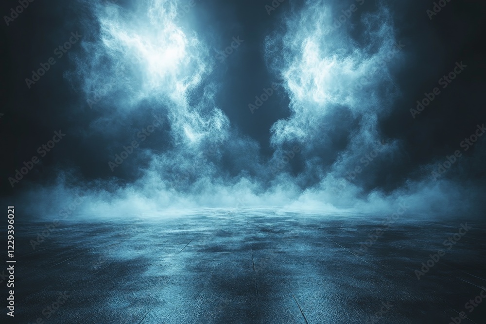 Aufkleber Mysterious fog envelops a dark, reflective surface creating an otherworldly ambiance in a dimly lit space
