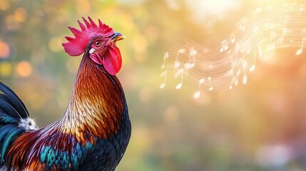Rooster crowing with musical notes in golden light.