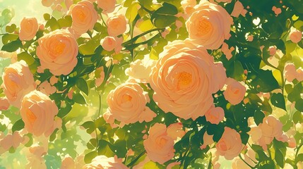 Tendrils of soft green plants curling up, Beautiful pink Roses background. Focus increases close range