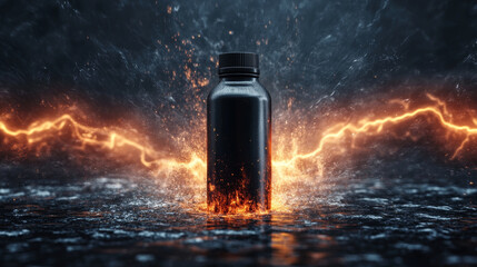 A black bottle is surrounded by fire and water