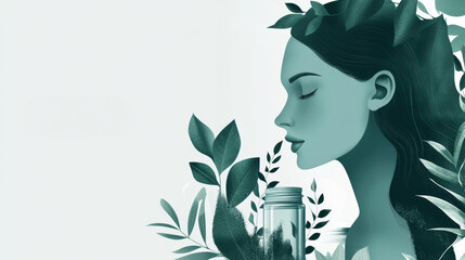 A woman with a green background and leaves surrounding her