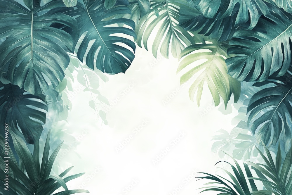 Poster tropical foliage frame with lush green leaves and a soft light background creating a serene atmosphe