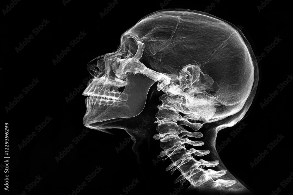 Poster x-ray of a human skull and cervical spine displaying detailed bone structure and alignment