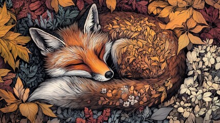 Fototapeta premium A fox curled up in a bed of leaves and flowers, with intricate shading and patterns on its fur.