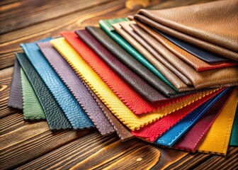 Fototapeta premium Vibrant leather and fabric swatches displayed on rustic wood, candidly captured.