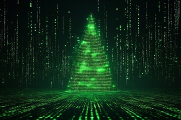 Obraz premium Digital Christmas tree made of binary code in a dark matrix landscape with glowing green lights