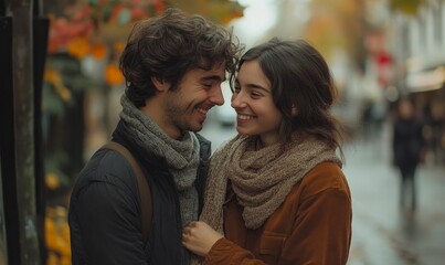 Obraz premium Playful Couple Smiling and Hugging Outdoors in Urban Street, Casual Outfits, Daytime, Joyful Love, Fun, Youthful Romance, Autumn Setting, 