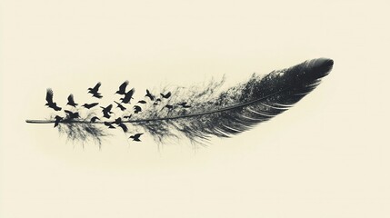 A feather transforming into a flock of birds in flight, with fine details in the quill and gradual transition to the birds.