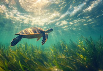 Obraz premium Majestic Sea Turtle Gracefully Swimming Through Lush Underwater Seagrass Under Bright Sunbeams Illuminating Clear Ocean Waters