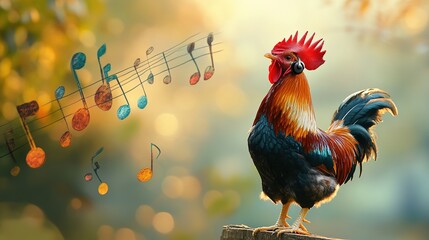 Rooster crowing with musical notes at sunrise.
