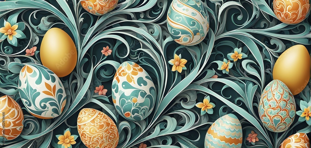 Poster a whimsical abstract pattern with intertwined ribbons, eggs, and floral motifs, with a mix of sharp 