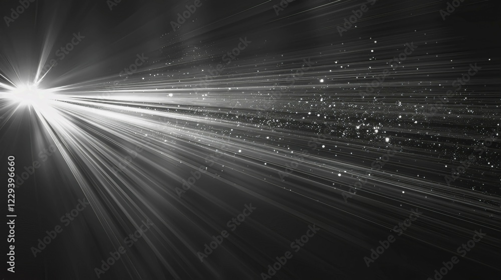 Poster horizontal light beam with shining particles, creating a cosmic effect against a dark background, ai