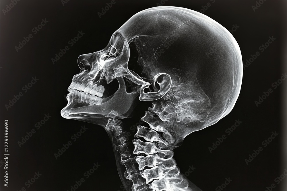 Poster detailed x-ray of a human skull highlighting the dental structure and cervical spine alignment from 